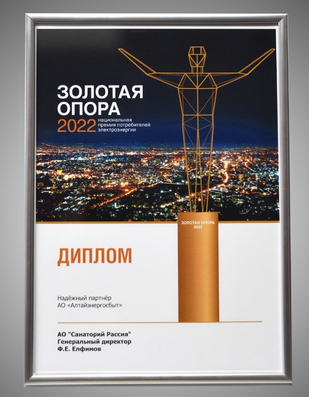 САНАТОРИЙ «РОССИЯ» ПОЛУЧИЛ ДИПЛОМ ПРЕМИИ «ЗОЛОТАЯ ОПОРА» - Санаторий «Санаторий «Россия»»